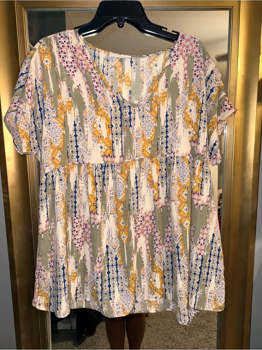 First Love Multicolor Boho Babydoll Tunic - Olive, Navy & Mustard